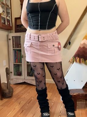 Vintage Y2K Baby Pink Corduroy Cargo Mini Skirt Grommet Belt Skater Utility